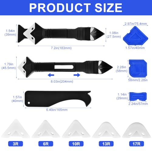 Silicone Caulking Tool, 3 in 1 Caulking Remover Glazing Compound Finishing Tool with 5 Replacement Silicone Scraper Pads, Grout Scraper Kit for Bathroom, Kitchen, Floor, Window, Sink Joint