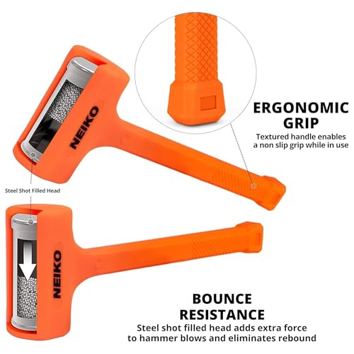 NEIKO 02843A Dead Blow Hammer, 1.5 Pounds, Neon Orange Deadblow Hammers, Mallet, Spark and Rebound Resistant, Unibody Molded, Soft Blow Rubber, Checkered Grip, Steel Shot and Core - size: 1.5 Pound, style: Dead Blow