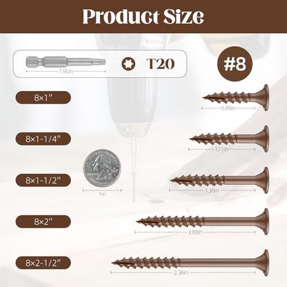 #8 x 2” Deck Screws, 1LB Star Drive Wood Screws, 131Pcs Rust Resistant Timber Screws for Timber/Log/Landscaping Wood, T20 Star Bit Included, Brown - color: Brown, size: #8 x 2"