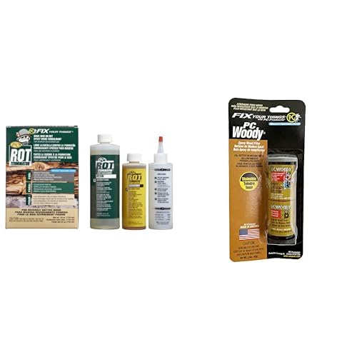 PC Products Wood Repair Bundle, PC-Rot Terminator Epoxy Wood Hardener, Two-Part 24 oz, Amber & PC-Woody Wood Repair Epoxy Paste, Two-Part 1.5 oz, Tan