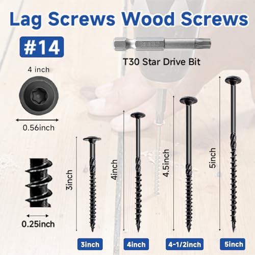50Pcs Lag Screws #14 x4 Structural Wood Screw Heavy Duty Construction Screw Star Drive Rust Resistant Washer Head Black Coated for Exterior Wood/Lag/Timber Screws with T30 Star Bit - size: 4 Inch