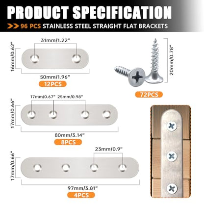 mankk 96PCS Flat Metal Brackets Mending Plate Stainless Steel Flat Straight Brace Brackets Fixed Connecting Plate for Wood Repair Fixing - color: Silver-50/80/100mm