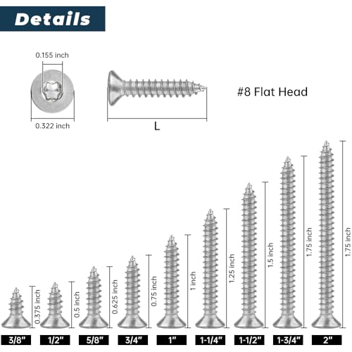 100 Pack #8 x 1/2" Torx Flat Head Self Tapping Wood Screws, 304 Stainless Steel 18/8, Indoor/Outdoor Use, Includes Torx Bit - size: #8 x 1/2