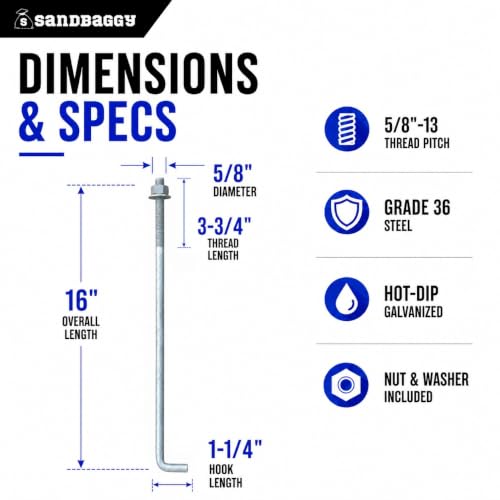 Sandbaggy 5/8" x 16" Threaded Concrete Anchor L-Bolts (Nuts & Washers Included) - Hot Dipped Galvanized - Sill Plate, Base Plate, Masonry, Wood, Cement Anchors, J Bolt (10, 5/8” x 16”) - size: 5/8” x 16”
