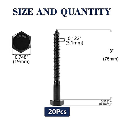 1/2" x 3" Hex Head Lag Screws Bolts 20Pcs 304 Stainless Steel 18-8, Partial Thread, Hexagon Head Wood Screws by Black Oxide by SG TZH - size: 1/2" x 3"