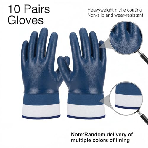 10-Pair Heavy-Duty Chemical Resistant Gloves & Oil Resistant Gloves for Men, Fully Coated Nitrile Work Safety Tools with Wide Cuff (Blue)