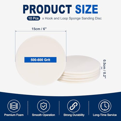 10Pcs 6 Inch Hook and Loop Sponge Sanding Disc, 500-600 Grit - size: 6 Inch 500-600 Grit
