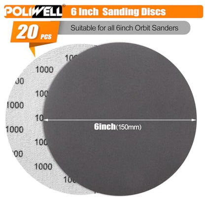 POLIWELL 6 Inch Sanding Discs 20 Pack 1000 Grit Silicon Carbide - style: 1000 Grit