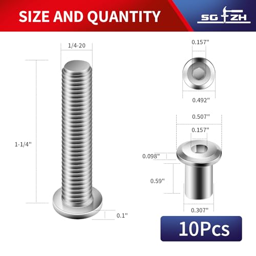 1/4-20 x 1-1/4" 10Pcs Flat Head Hex Socket Cap Screws Bolts Barrel Nuts Kit, 304 Stainless Steel 18-8, Full Thread by SG TZH (with Hex Spanner) - color: Silver, size: 1/4-20 x 1-1/4"