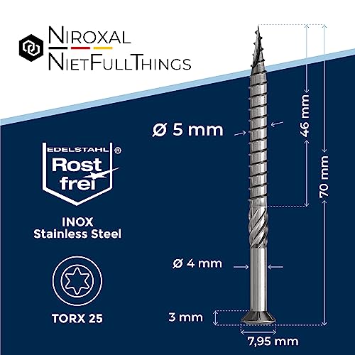 #10-2-3/4" | Deck Screws 5x70 mm Stainless Steel A2 Exterior Rust Resistant Screw 5mm Strong 100 Piece Wood Screws Torx 70mm Long Wood Srew V2A - size: 70 mm ≈ 2.76 in