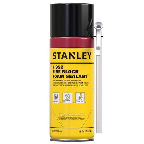 Stanley F952 Fire Block Spray Foam – (1x12oz) Fire Rated Expanding Polyurethane Foam Sealant for Gap Filling & Sealing on Doors, Windows, Walls, Pipes & Joints – Indoor/Outdoor Straw Use | 1 Pack - size: 1 Pack
