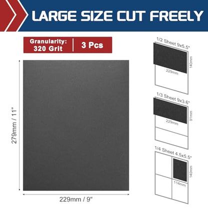 3Pcs Sand Paper 9x11Inch 320Grit Silicon Carbide Sandpaper Sheets - size: 320 Grits