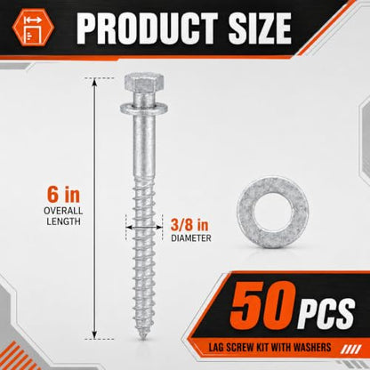 50 Pack 3/8''x6'' Lag Screw Kit with Washers, Hot Dipped Galvanized Hex Lag Bolts Heavy Duty Hex Head Wood Screws, Rust Resistant Exterior Fasteners for Wood Deck Fence - size: 3/8''x6''