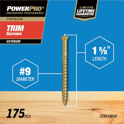 Power Pro Premium Exterior Trim Screws, #9 x 1-5/8in, 175 Pieces, Bronze - color: Bronze, size: #9 x 1-5/8 inch, style: 1lb