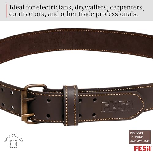 FESA Men's Leather Tool Belt - Handcrafted Top Grain Leather Tool Pouch Belt for Carpenters & Other Trade Professionals - color: Brown - 2" Wide - Xxl