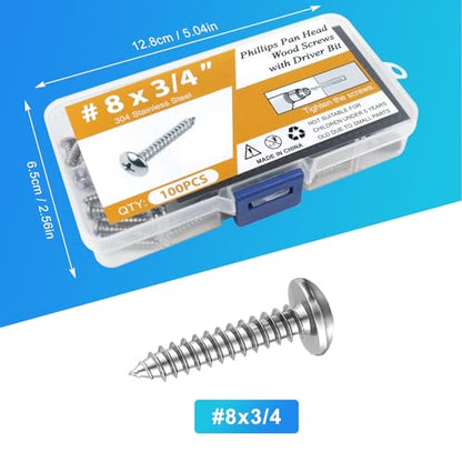 100PCS #8 x 3/4" Wood Screws, Pan Head Stainless Steel Sheet Metal Screws, Fast Self Tapping Screws for Deck Drywall Concrete Screws with Screwdriver Bit - style: Silver #8X3/4" Pan Head 100PCS