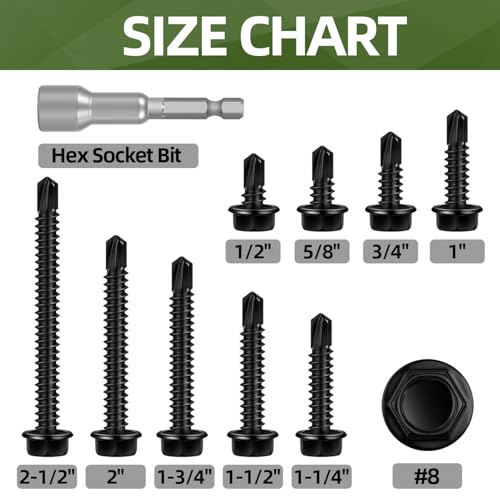 100 PCS #8 x 2 Sheet Metal Screws, Black Hex Washer Head Self Drilling Screw, Flanged Self Tapping Screws, 410 Stainless Steel - size: #8 x 2"