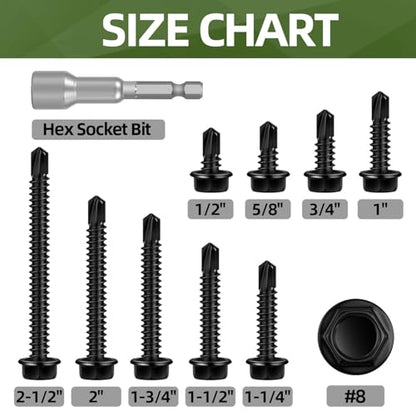 100 PCS #8 x 2 Sheet Metal Screws, Black Hex Washer Head Self Drilling Screw, Flanged Self Tapping Screws, 410 Stainless Steel - size: #8 x 2"