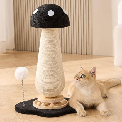 Mushroom Cat Scratching Post Cat Tree, 21.5‘’ H Cute Cat Scratcher Tower with Durable Solid Wood Turntable Toy, Solid Black Mushroom Scratch Post Cat Sisal Scratcher with Catnip for Indoor Cats - color: Black Mushroom