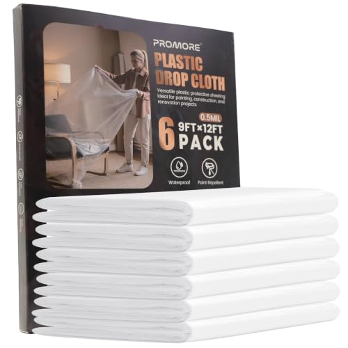 Plastic Drop Cloth (6 Pack), 12x9 Ft, Disposable Premium Plastic Tarp - size: 0.5mil-6Pack