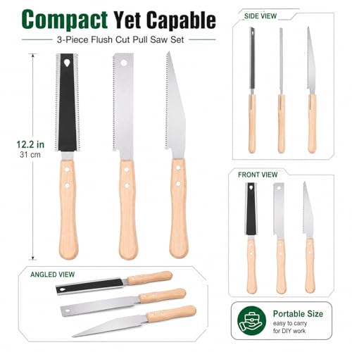3pcs Flush Cut Pull Saw Set, Fine Teeth Mini Hand Saws with Wooden Handle, Small Portable Woodworking Detail Cutter for DIY