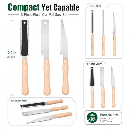 3pcs Flush Cut Pull Saw Set, Fine Teeth Mini Hand Saws with Wooden Handle, Small Portable Woodworking Detail Cutter for DIY
