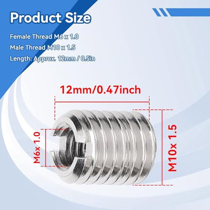 10PCS Threaded Inserts, M6x1.0 Female and M10x1.5 Male Threaded Wood Inserts Stainless Steel Self Tapping Thread Insert Reducing Nut Conversion Kit