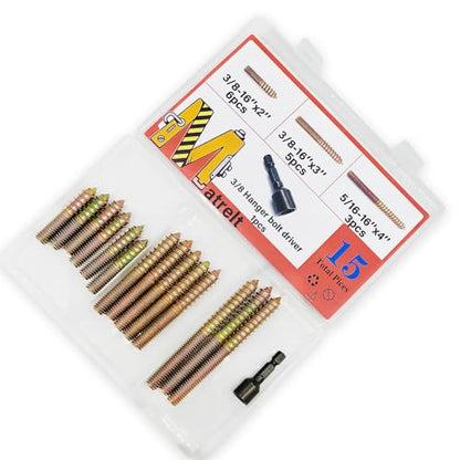 15Pack 3/8-16" Hanger Bolts 3Sizes 2-4 Inch Include1 pcs Hanger Bolt Driver Double Headed Bolts Wood Dowel Screw Self-Tapping Screw for Furniture Screws Wood Screws Double Threaded Rods - size: 3 Size 3/8-16"-14P+Tool