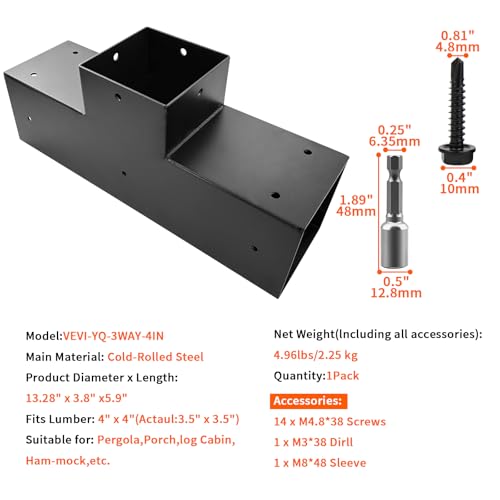 3-Way Pergola Bracket,T-Shaped Woodwork DIY Bracket for 4" x 4“(Actual:3.5" x 3.5”) Lumber,Metal Gazebo Bracket for Outdoor Pergolas,Porchs W/Hardware -1Pack… - size: 4"x4" 1pcs, style: 3-way T-Shaped Bracets