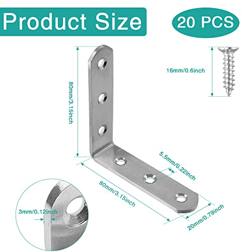 10 Pcs Stainless Steel Corner Brace, 80 x 80 mm L Bracket 90 Degree Right Angle Bracket Fastener Shelf Bracket, Brushed Finish, Thicken Corner Bracket - size: 80x80mm