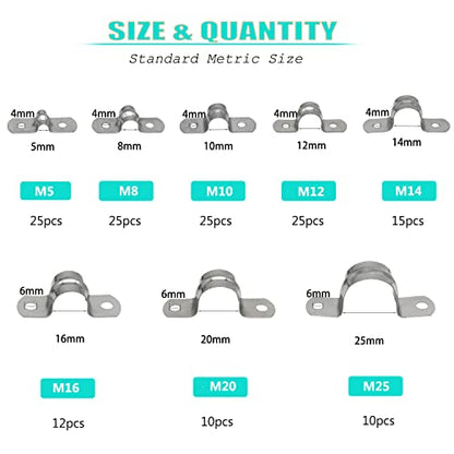 142 Pcs Pipe Strap Clamp Assortment Kit, 304 Stainless Steel 2 Holes Rigid Pipe Strap U Braket Tube Pipe Strap Clamp