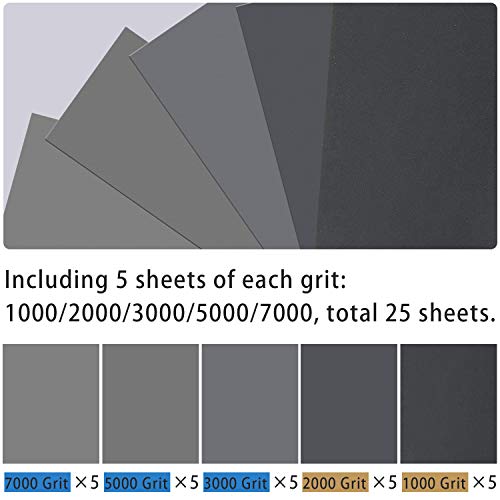 25PCS Sandpaper, Wet Dry Sandpaper, High Grit 1000 2000 3000 5000 7000 Sandpaper Sheets Assortment for Wood Metal Polishing Automotive Sanding, 9 x 3.6 inches - size: 1000-7000 Grit, 25 Sheets, 9 x 3.6 inches