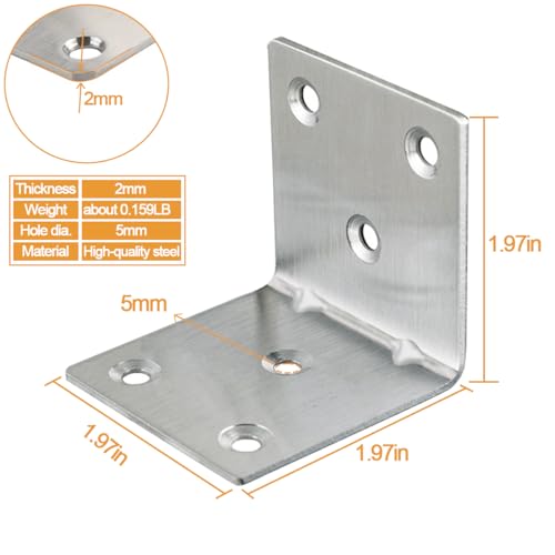20PCS L Brackets Corner Bracket 2"x2"x2", Heavy Duty Corner Brace for Wood, Right Angle Brackets, 50MM 2Inch Wide 90 Degree Bracket for Wooden Frame Furniture Shelves Chairs - size: 2"x2"(Silver)