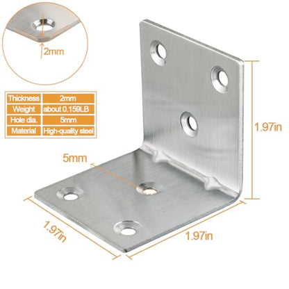 20PCS L Brackets Corner Bracket 2"x2"x2", Heavy Duty Corner Brace for Wood, Right Angle Brackets, 50MM 2Inch Wide 90 Degree Bracket for Wooden Frame Furniture Shelves Chairs - size: 2"x2"(Silver)