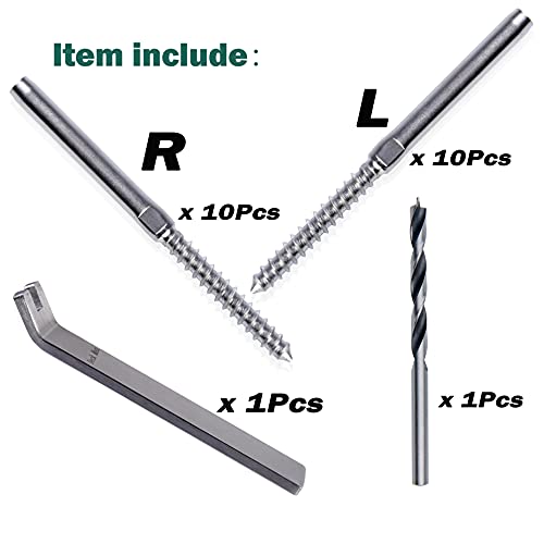10 Pairs Left&Right Handed Thread Lag Screws for 1/8" Decking Cable Railing Kit/Hardware, Non-Turnbuckle System, Silver - color: Silver