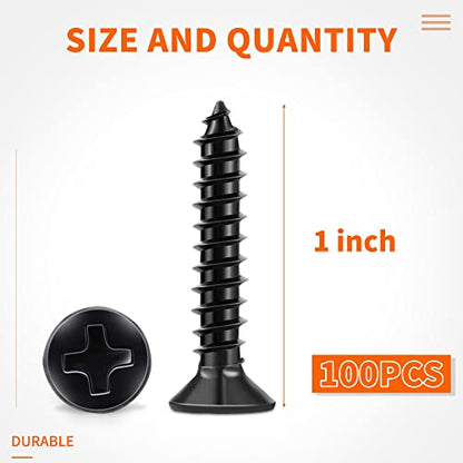 100 PCS #6 X 1 Inch Black Oxide Coated Flat Head Phillips Wood Screw, Stainless Steel 18-8 (A2) Fully Threaded 6 X 1'' Multipurpose Screws by TPOHH - size: #6 X 1 inch