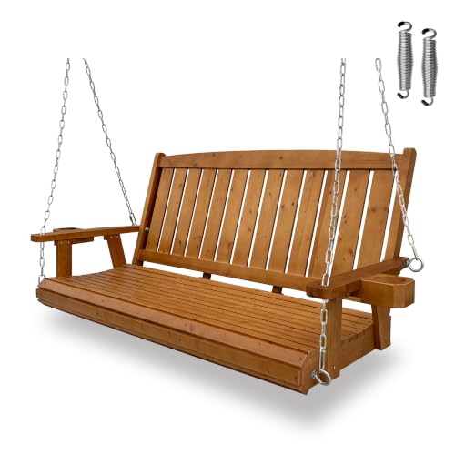 Wooden Porch Swing 3-Seater, Bench Swing with Cupholders (Brown, 5 FT Extra Large)