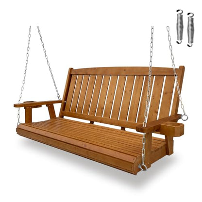 Wooden Porch Swing 3-Seater, Bench Swing with Cupholders (Brown, 5 FT Extra Large)