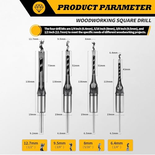 Square Hole Drill Bit 1/4" 5/16" 3/8" 1/2" and Adapter