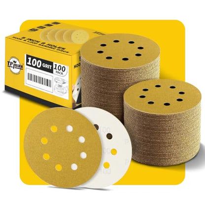 100PCS 5 Inch 100 Grit 125mm 8 Hole Sanding Discs Sandpaper - Premium Gold Round Hook and Loop for Random Orbital Sander - Ideal for Wood, Metal, Automotive - style: 100 Grit - 100 Pack