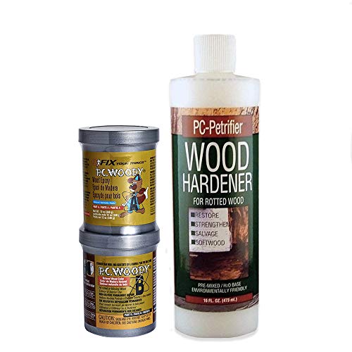 PC-Products PC-Woody Wood Repair Epoxy Paste, Two-Part 12 oz, and PC-Petrifier Wood Hardener 16 oz, Kit & PC-Rot Terminator Epoxy Wood Hardener, Two-Part 24oz in Two Bottles, Amber 240618
