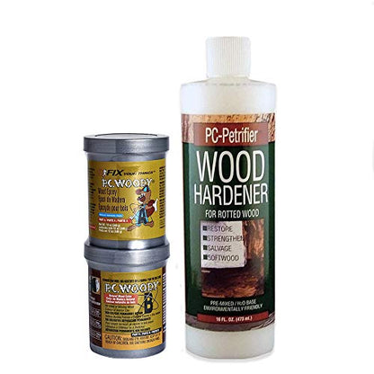 PC-Products PC-Woody Wood Repair Epoxy Paste, Two-Part 12 oz, and PC-Petrifier Wood Hardener 16 oz, Kit & PC-Rot Terminator Epoxy Wood Hardener, Two-Part 24oz in Two Bottles, Amber 240618