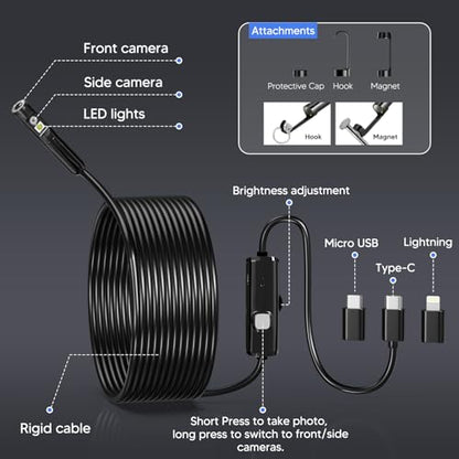 BlueFire 11.5FT Endoscope Borescope, 8+1 LED Semi-Rigid Snake Camera - size: 11.5 FT
