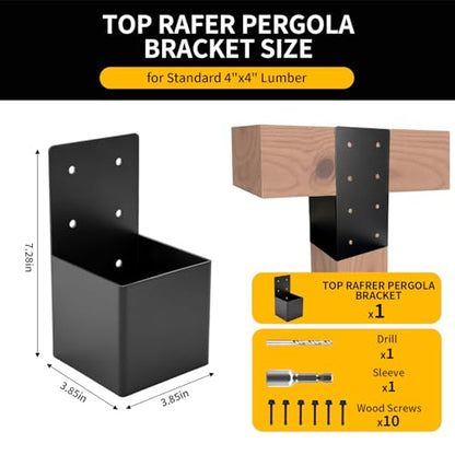 HANBENTYTEX 1Pac 4x4 Pergola Post Top Rafter Bracket kit,Heavy Duty 14 Gauge Pavilion Bracket Actual for 3.5”x3.5” Square Wood Post,DIY Wood Beam Contector Bracket with Screws for Porch,Log Cabin