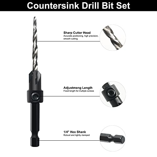 GMTOOLS Countersink Drill Bit Set, 3Pcs Tapered Drill Bits M2 HSS, with 1/4" Hex Shank Quick Change and Allen Wrench, Counter Sinker Set for Woodworking and Carpentry, Pilot Screw Hole Set - style: Set #6#8#10