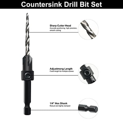 GMTOOLS Countersink Drill Bit Set, 3Pcs Tapered Drill Bits M2 HSS, with 1/4" Hex Shank Quick Change and Allen Wrench, Counter Sinker Set for Woodworking and Carpentry, Pilot Screw Hole Set - style: Set #6#8#10