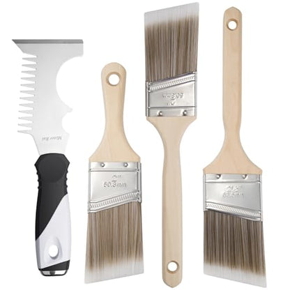 Mister Rui Angled Paint Brush 4 Pieces Set, with Paint Brush Comb Cleaner - size: 4PCS, 2" Short, 2", 2.5", Paint Comb