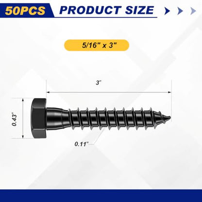 Zonon 50 Pcs 5/16" X 3" Hex Head Lag Bolts Screws with Washers, Black - color: Black, size: 5/16" X 3"