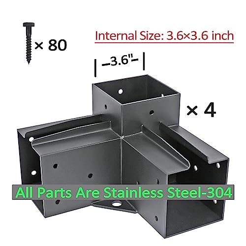 4PCS Pergola Brackets Stainless Steel 3-Way Right Angle Corner Pergola Bracket with Screws for 4x4 Inch(Actual: 3.5x3.5 Inch) Wood Beams，Pergola/Gazebo Kit
