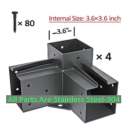 4PCS Pergola Brackets Stainless Steel 3-Way Right Angle Corner Pergola Bracket with Screws for 4x4 Inch(Actual: 3.5x3.5 Inch) Wood Beams，Pergola/Gazebo Kit